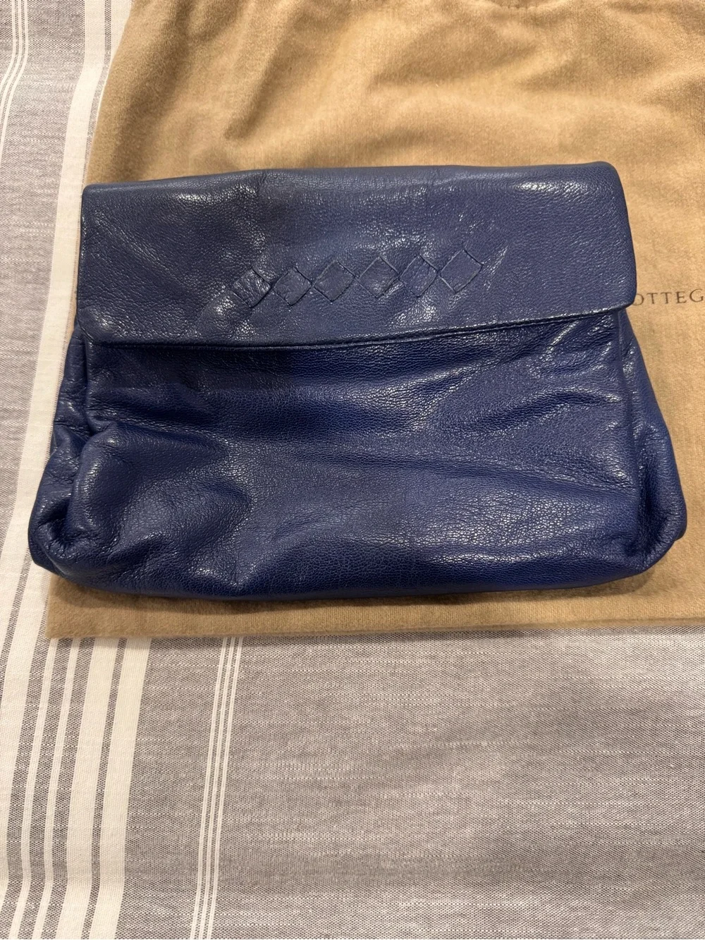 Bottega Veneta Navy Blue Woven Leather Clutch - Picture 1 of 7